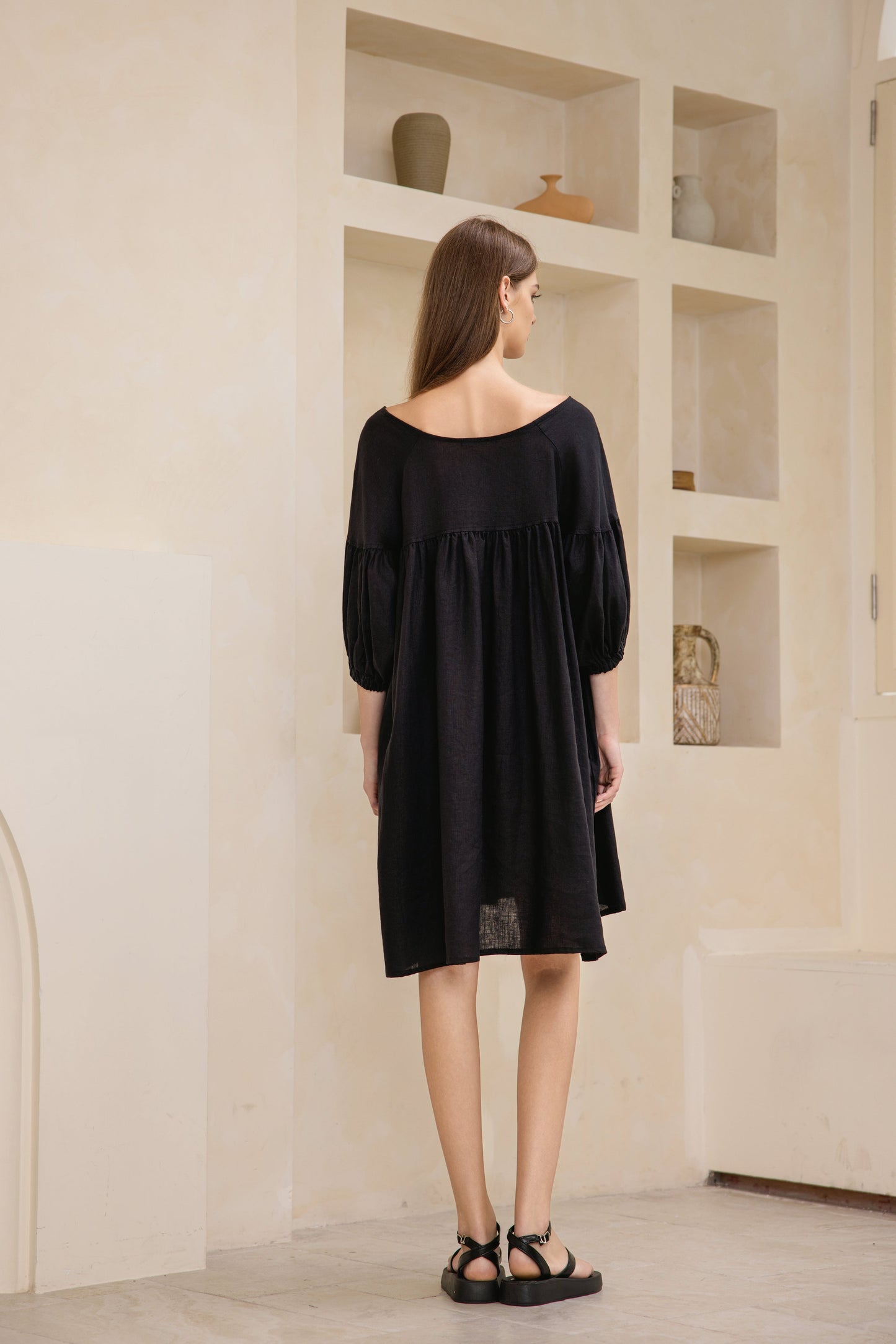 25111 Puffed Sleeve Linen Midi Dress
