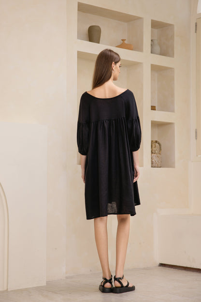 25111 Puffed Sleeve Linen Midi Dress