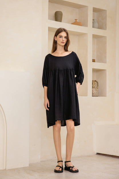 25111 Puffed Sleeve Linen Midi Dress