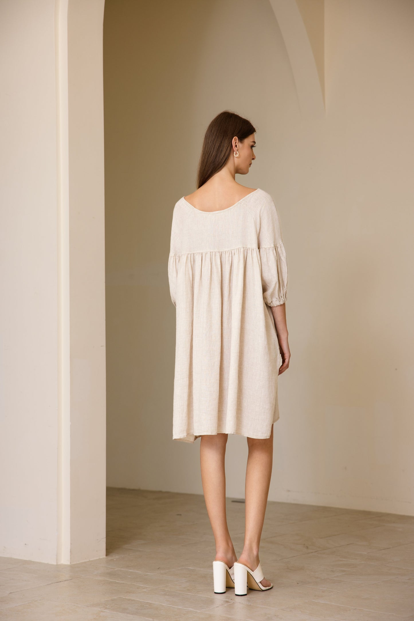 25111 Puffed Sleeve Linen Midi Dress