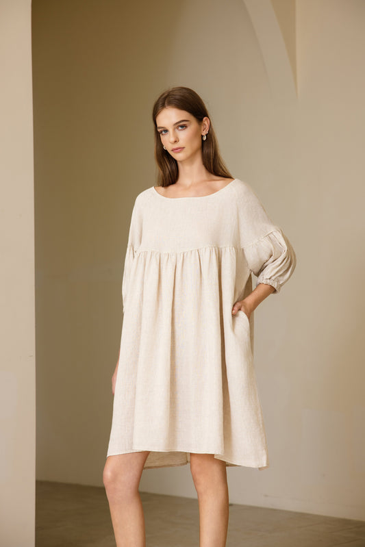 25111 Puffed Sleeve Linen Midi Dress