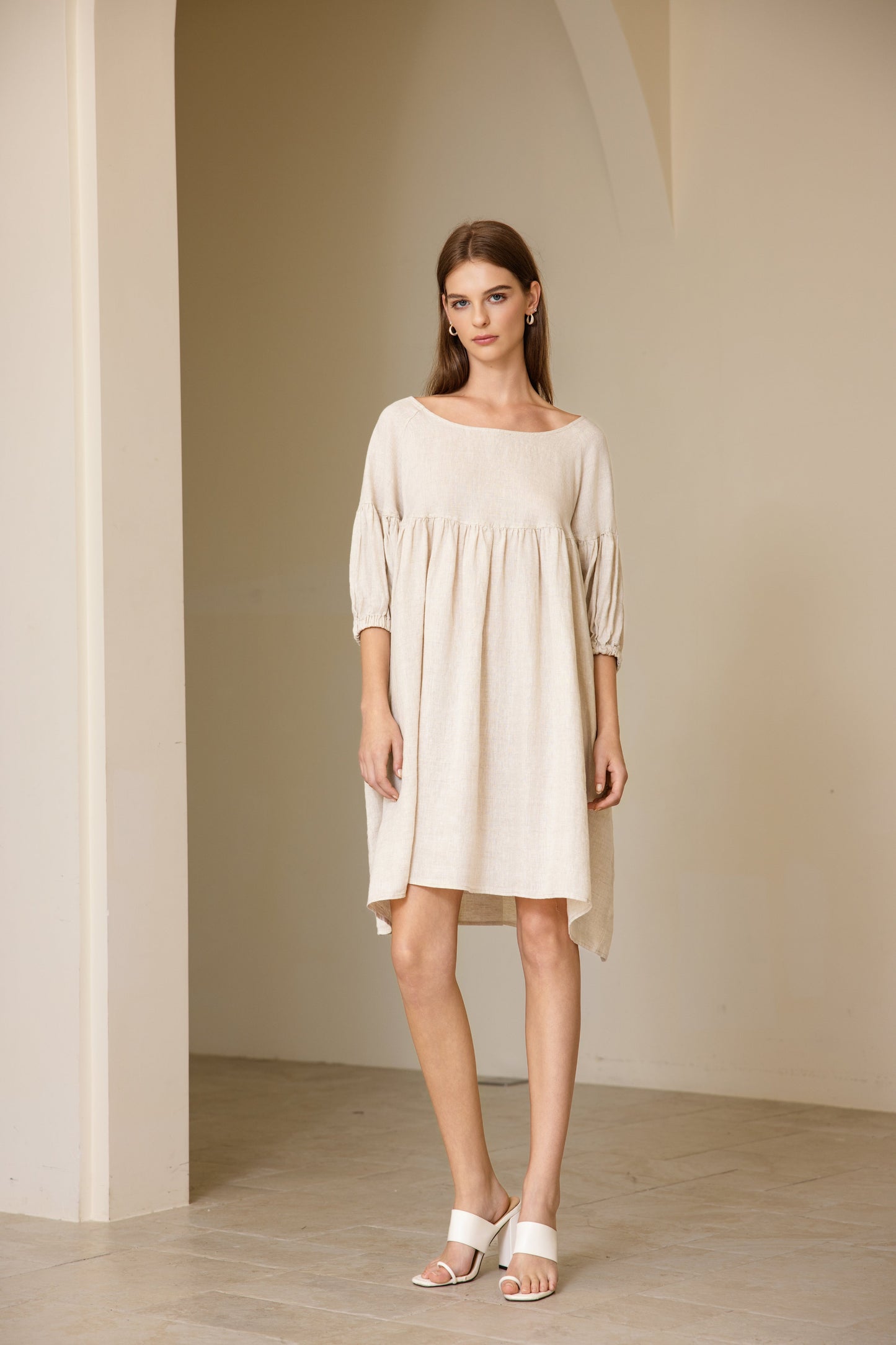 25111 Puffed Sleeve Linen Midi Dress