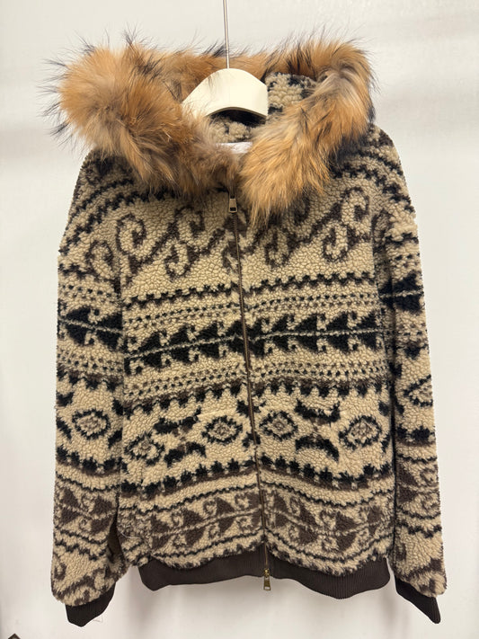 26104 Tribal-Print Sherpa Fleece Zip-Up Jacket with Faux-Fur Hood