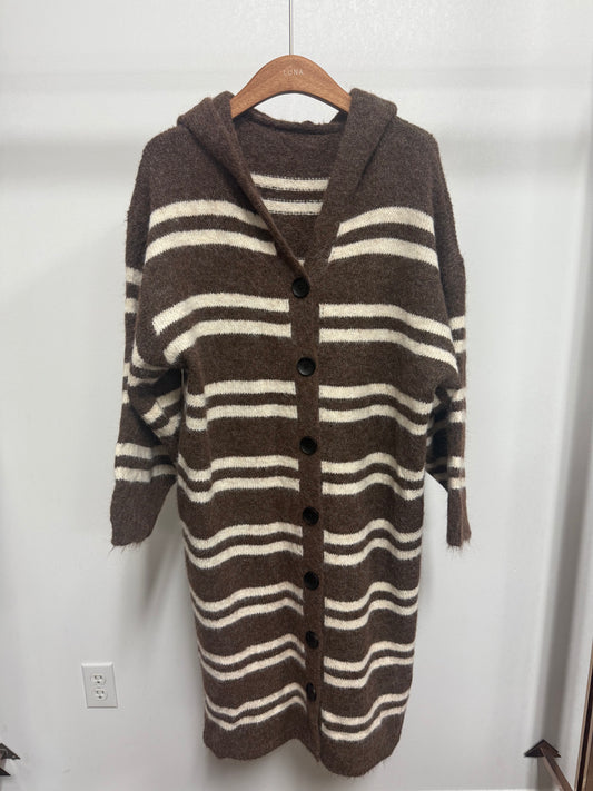 2657 Longline Striped Hooded Knit Cardigan