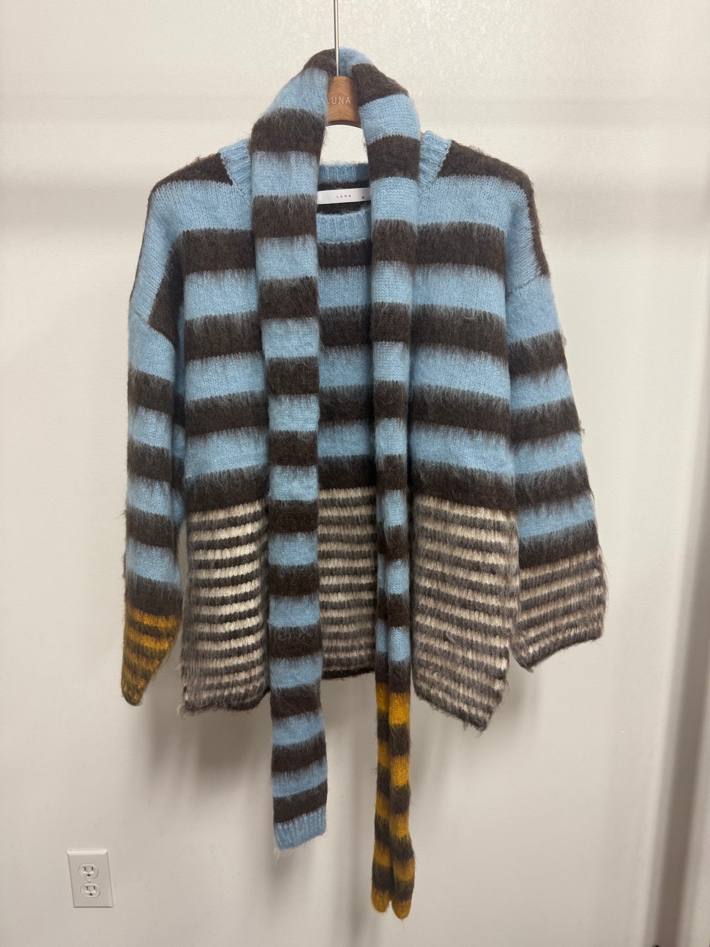2660 Striped Fuzzy Knit Cardigan with Integrated Scarf Detail