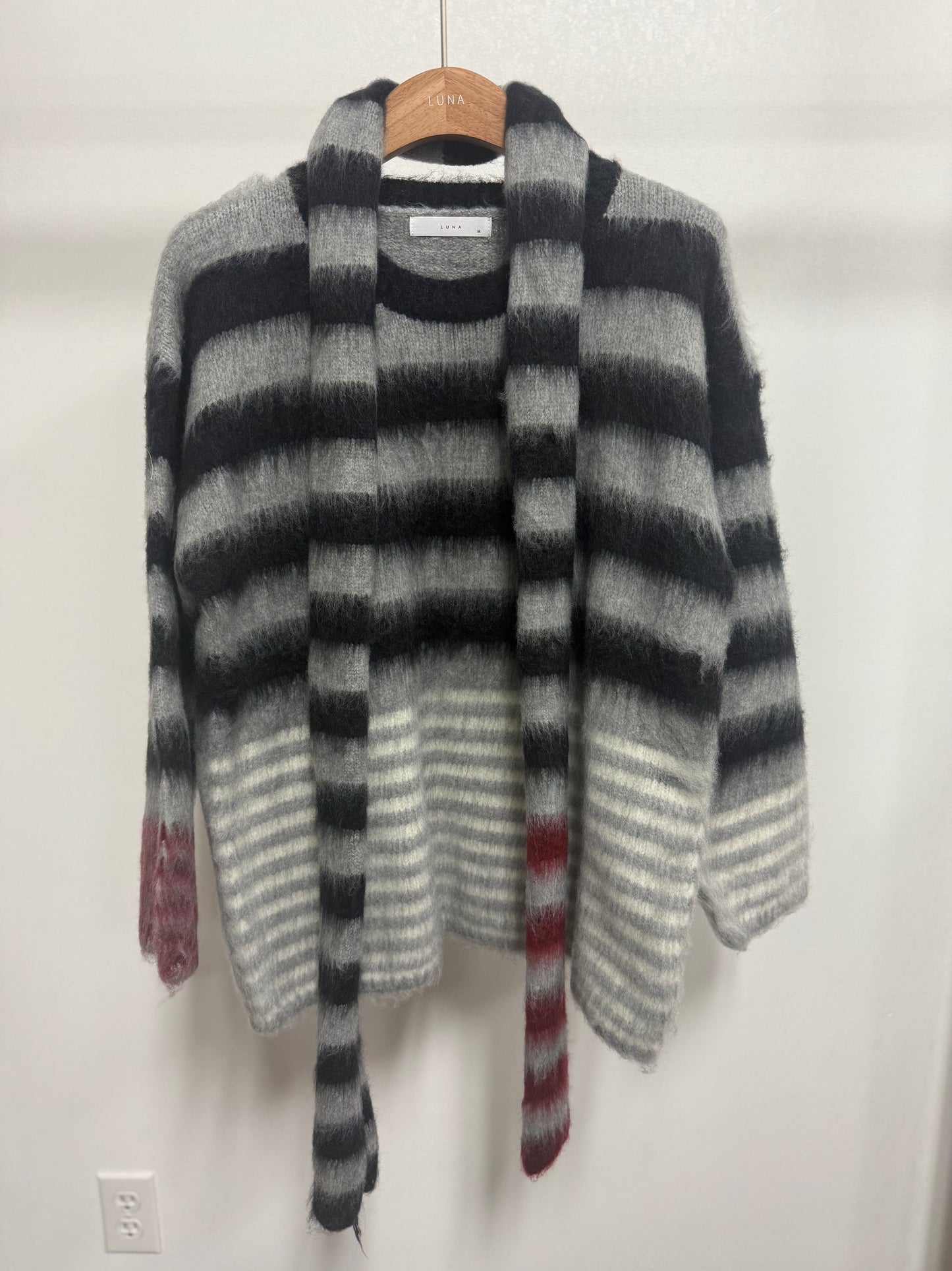 2660 Striped Fuzzy Knit Cardigan with Integrated Scarf Detail