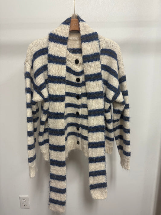 2661 Striped Fuzzy Cardigan and Scarf Set