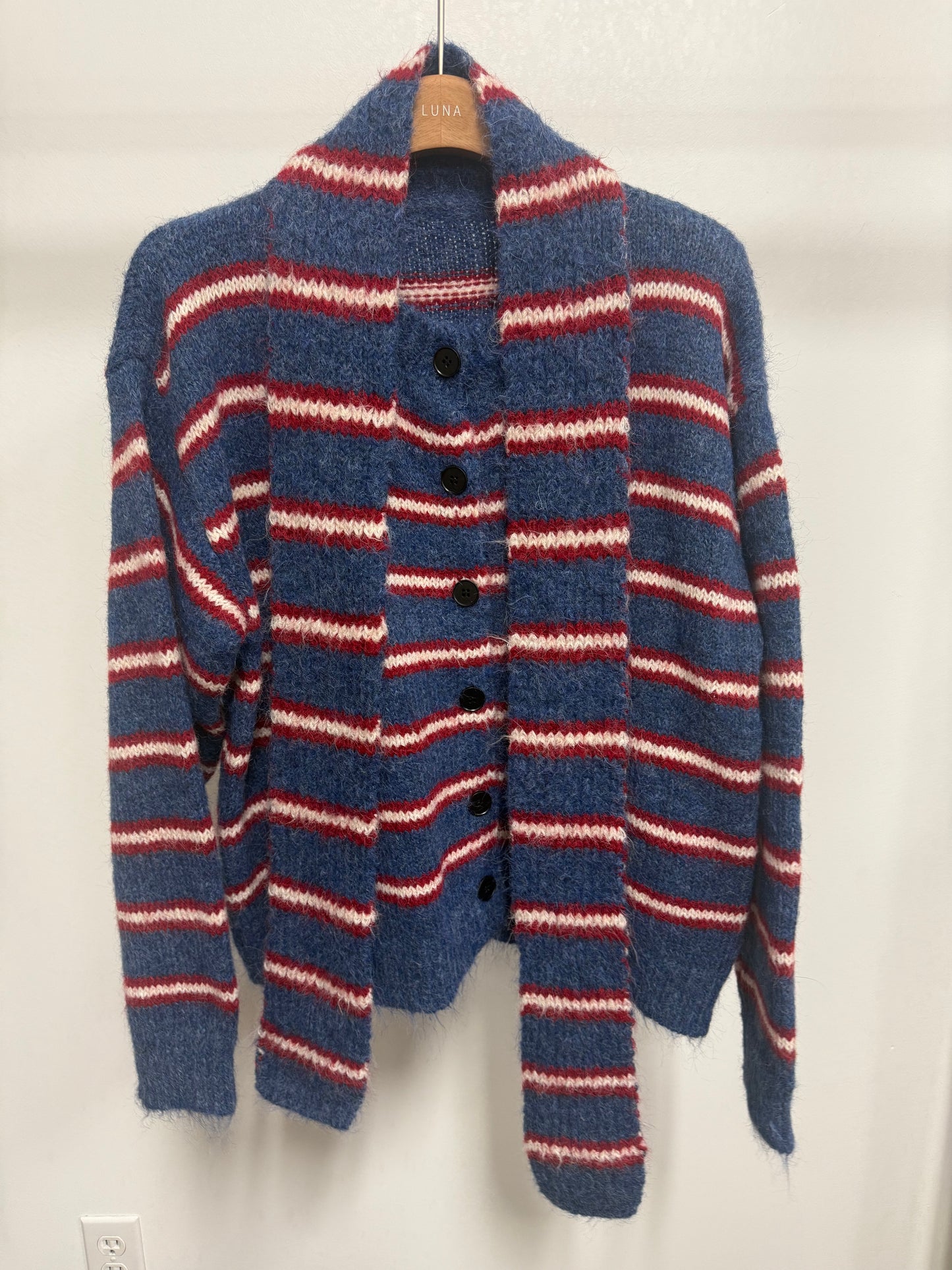 2661 Striped Fuzzy Cardigan and Scarf Set