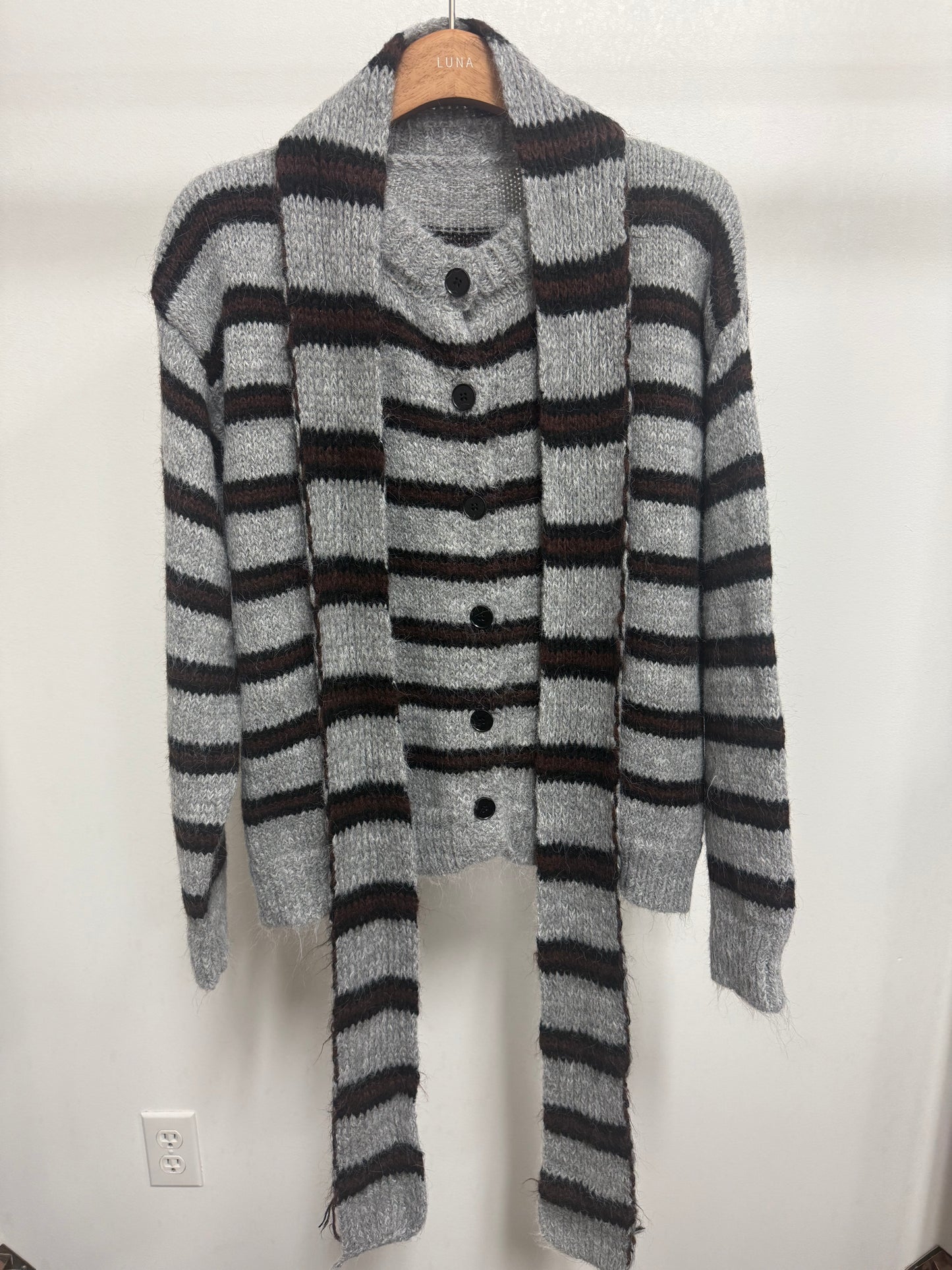 2661 Striped Fuzzy Cardigan and Scarf Set