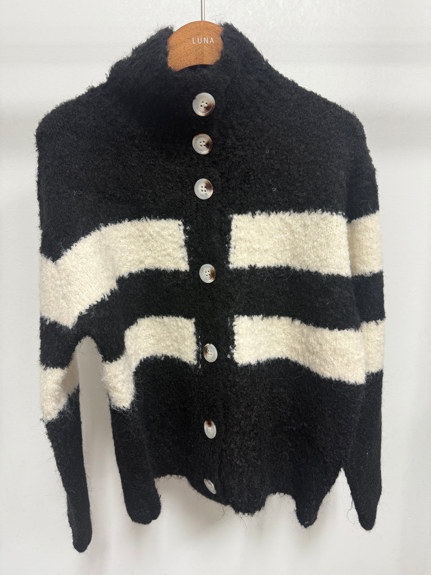 2663 Fuzzy High-Neck Striped Button-Up Cardigan