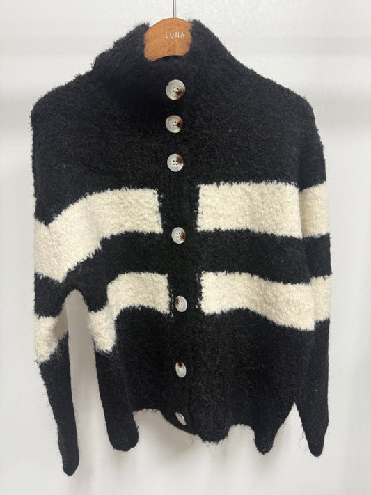 2663 Fuzzy High-Neck Striped Button-Up Cardigan