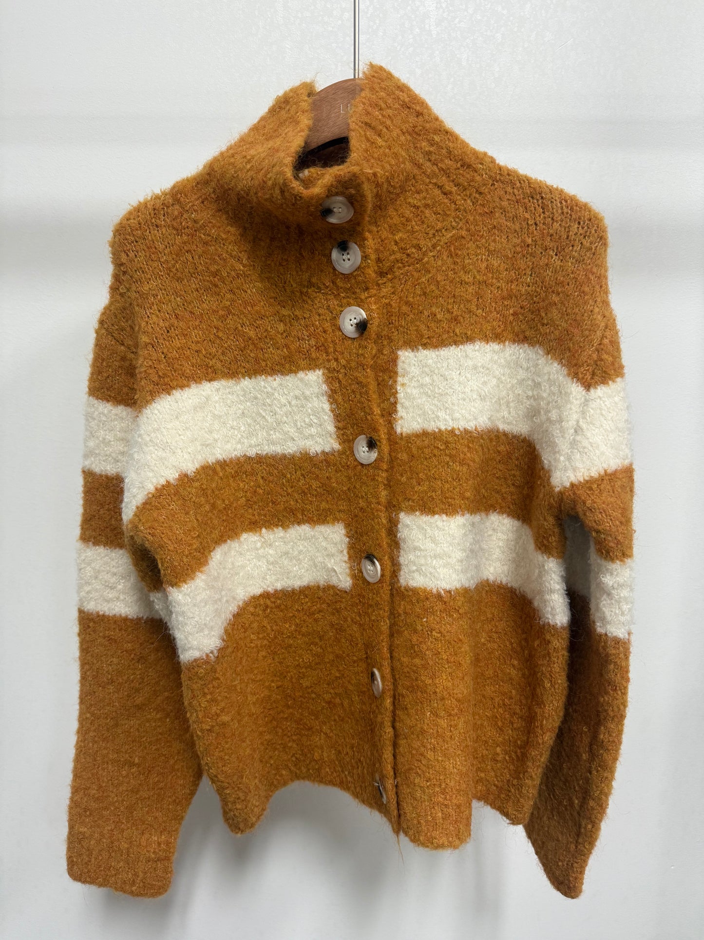 2663 Fuzzy High-Neck Striped Button-Up Cardigan