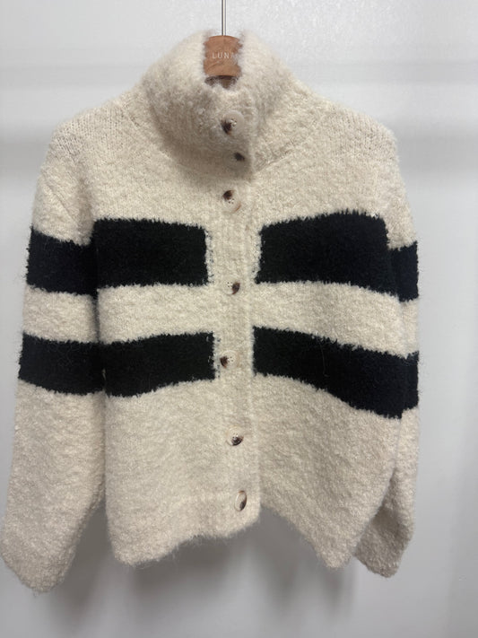 2663 Fuzzy High-Neck Striped Button-Up Cardigan