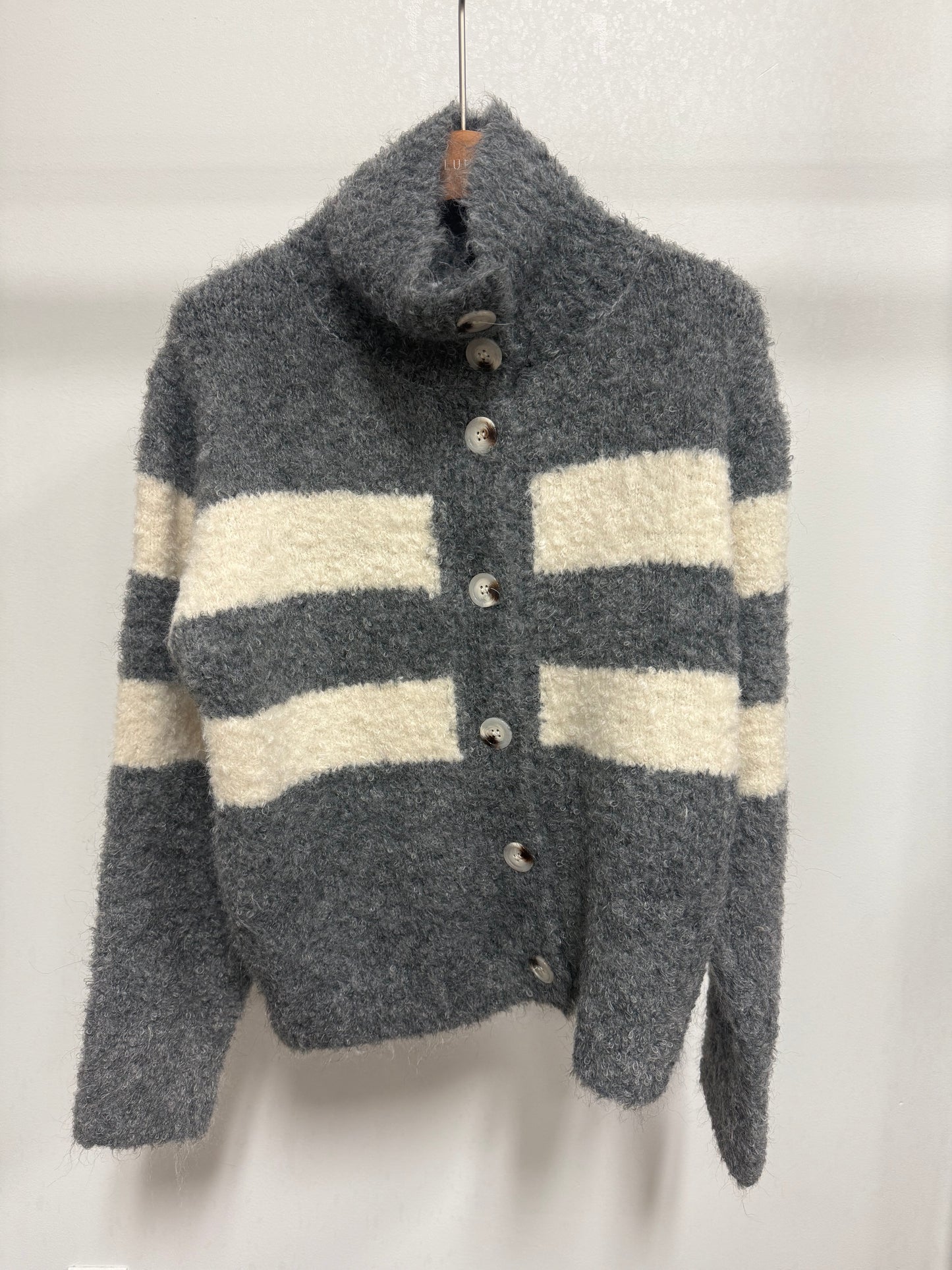 2663 Fuzzy High-Neck Striped Button-Up Cardigan