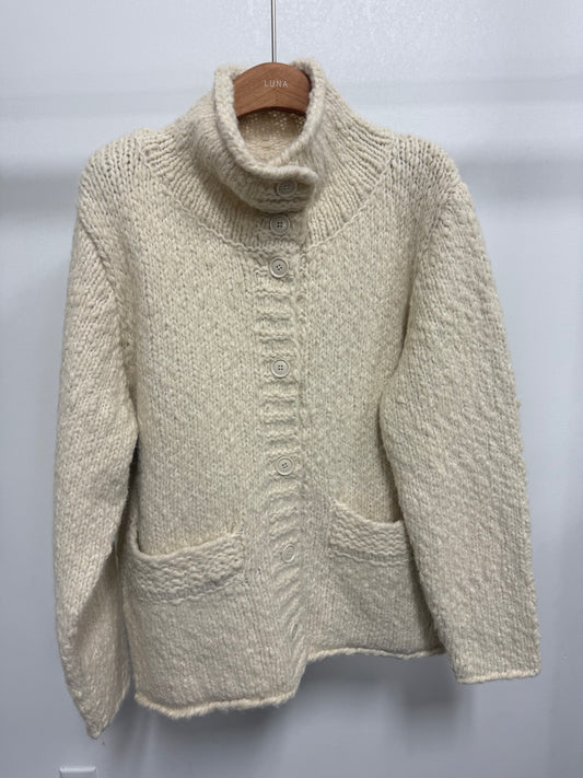 2664 Textured Chunky Knit High-Neck Cardigan with Pockets